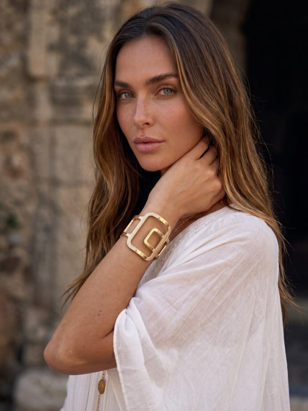 18K Gold Plated 316L SS Greek Goddess Square Open Cuff Bracelet 2.75"